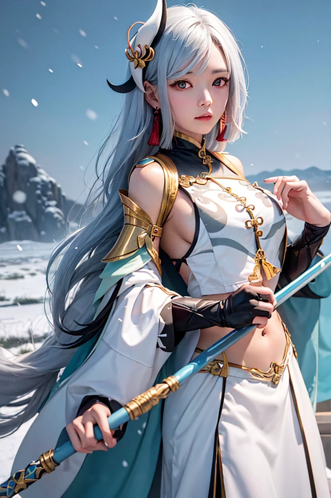 (highres), (absurdres), (best quality), (high quality), (masterpiece), 1girl, shenhe \(genshin impact\), long hair, silver hair, large breasts, hair over one eye, single braid, rainbow eyes, chinese clothes, polearm, holding polearm, (underboob cutout), breast curtains, elbow gloves, jewelry, looking at viewer, hair ornament, tassel earrings, fantasy, outdoors, storm, snow, snowing, ice,