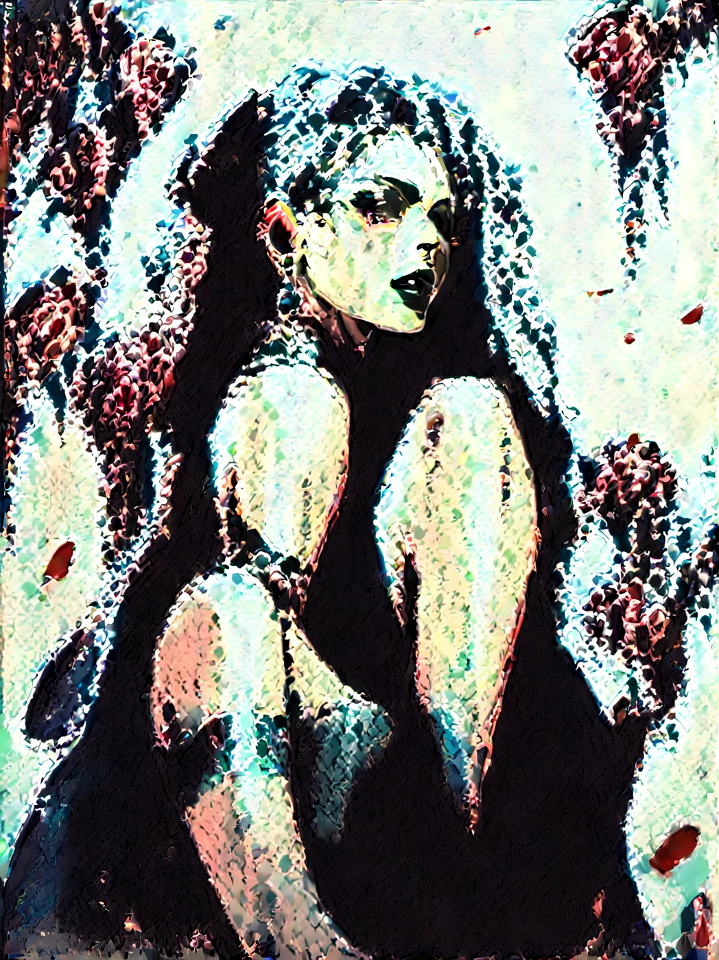 Topless Pink thong   Happy Horny, aroused 1girl), beautiful kneeling Indian  young teen girl with  giant colossal black titanboa squeezing her hard, wrapped in thick spiraling coils, constricted, struggle, gasping for air, snake attack, snake peril, moonless night, dim light