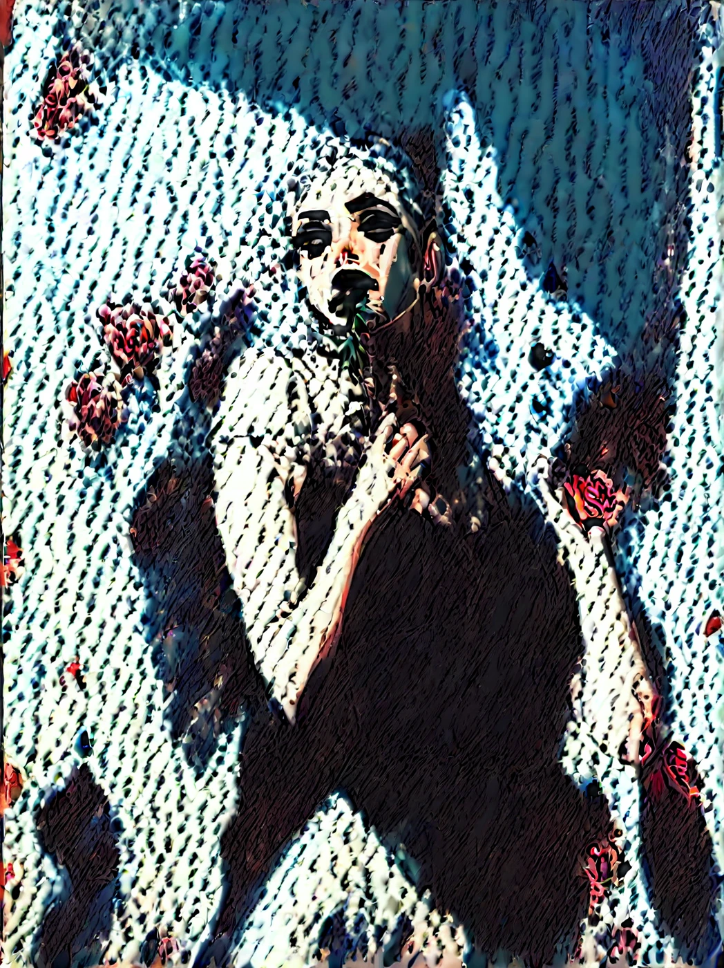 This image depicts a person lying on a blue surface with a gradient blue background. The individual is dressed in a vibrant purple outfit, consisting of a purple shirt and shorts. They are also wearing a red scarf around their neck and a purple beanie hat with gray ears attached, resembling a costume. The person has black face paint around their eyes and nose, similar to a raccoon mask, and they are wearing black fingerless gloves. The overall appearance suggests a playful or whimsical costume, giving the impression of a character or a playful scenario. мультяшный рендеринг ключевого кадра, милый 3D рендеринг,,Create ultra sharp glossy цветной рендеринг zbrush. perfect cgi, cgi art created only with gradients, smooth silhouette, Create ultra sharp skin, high intensity refraction, (plastic material), most beautiful vfx, blue background, plastic refractions, glossy texture, smooth 3d model, multiple light sources, rim light, sharp post effects render, (glossy plastic texture with multiple big light probe refractions), perfect cgi, cgi art created only with gradients, smooth silhouette, high intensity refraction, (plastic material), most beautiful vfx, blue background