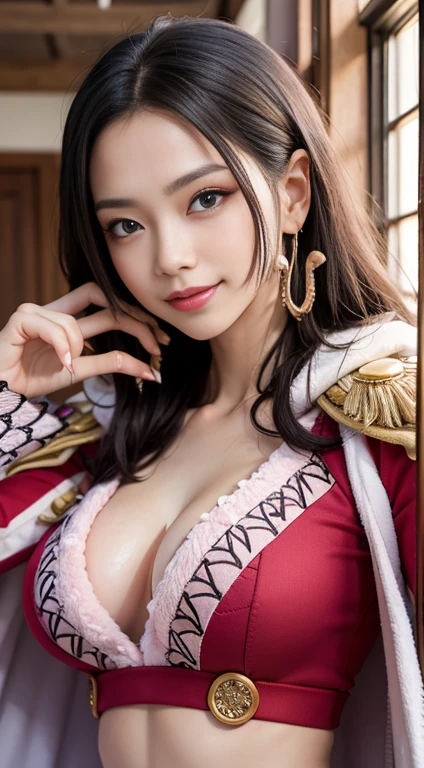 ((masterpiece:1.4, Highest quality)), ((masterpiece, Highest quality,8K)), (Photo Real:1.4), Mid-chest, woman, (Boa Hancock, Cape, Epaulettes:1.2, Cleavage:1.2, jewelry, Earrings), ((Red abdomen: 1.2)), Cleavage, (Long sleeve: 1.5), Big black eyes, cute, young, ((hand hart: 1.7)), (Asian House, interior, window, ( , smile), Cowboy Shot, Professional Lighting, Physically Based Rendering