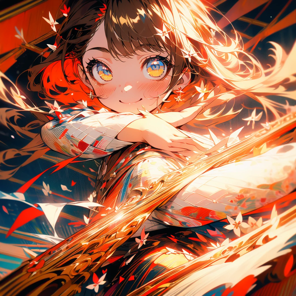 (Beautiful and aesthetic:1.2)、(1 Girl:1.3)、(Brown color hair:1.2)、Wearing a red kimono、miracle、happinessそうなsmile、smile、happiness、Fantastic space、(masterpiece, Highest quality,Beautiful fine details, Super detailed, :1.2), 8k wallpaper, Elaborate features, (One girl, alone:1.4), Long Hair, Striped Hair, Fairy, Brown-colored eyes,  Mysterious,white flame,Red and white flowers、wedding、