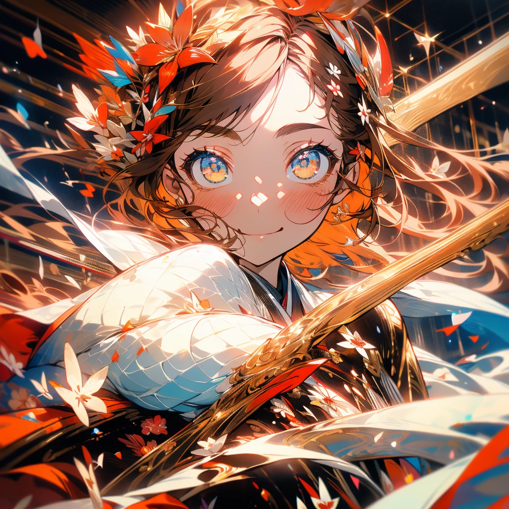 (Beautiful and aesthetic:1.2)、(1 Girl:1.3)、(Brown color hair:1.2)、Wearing a red kimono、miracle、happinessそうなsmile、smile、happiness、Fantastic space、(masterpiece, Highest quality,Beautiful fine details, Super detailed, :1.2), 8k wallpaper, Elaborate features, (One girl, alone:1.4), Long Hair, Striped Hair, Fairy, Brown-colored eyes, Mysterious,white flame,Red and white flowers、wedding、
