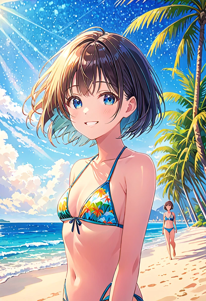 Shining Sea, Clear sky with white clouds, Palm trees along the coast, Blur the background,Pleasant sea breeze,high school girl,Swimwear,short hair,smile,Glitter effect,Highest quality, 8K, High resolution, masterpiece:1.2, Very detailed, Realistic:1.37, High resolution, 超High resolution, Ultra-fine painting, Very detailed, Professional, Vibrant colors