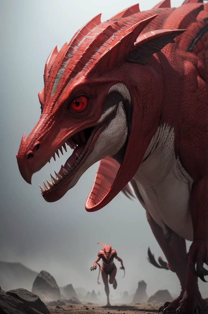 make a movie poster in it it should have a female hand stretched up to the face of an atrocyraptor of a sickly white color and with light stripes running down its back and the eye color is blood red. The atrocyraptor is calm and does not show discount or anger