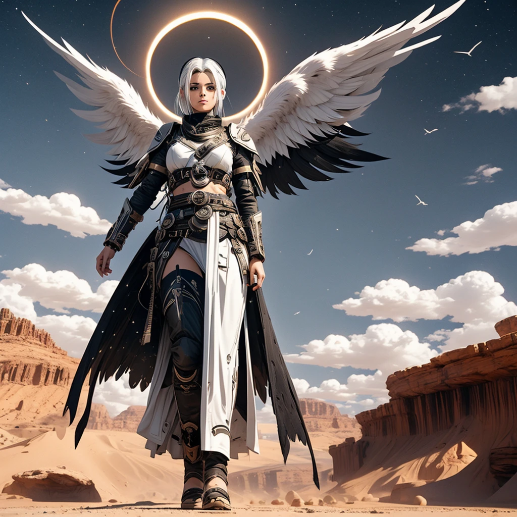 A female angel with black wings and white hair, in the middle of the desert, during an eclipse, during at night, character in the center of the image