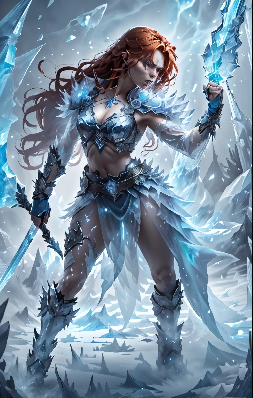 eye level frontal view of 1 girl with long red hair, fighting stance, fists up in threatening stance, angry scowl, detailed beautiful face, face looks like ice spice, highly detailed, ice over body, blue icicles on body, cinematic lighting, vivid colors, dramatic composition, front view, golden hour, atmospheric, epic, masterpiece