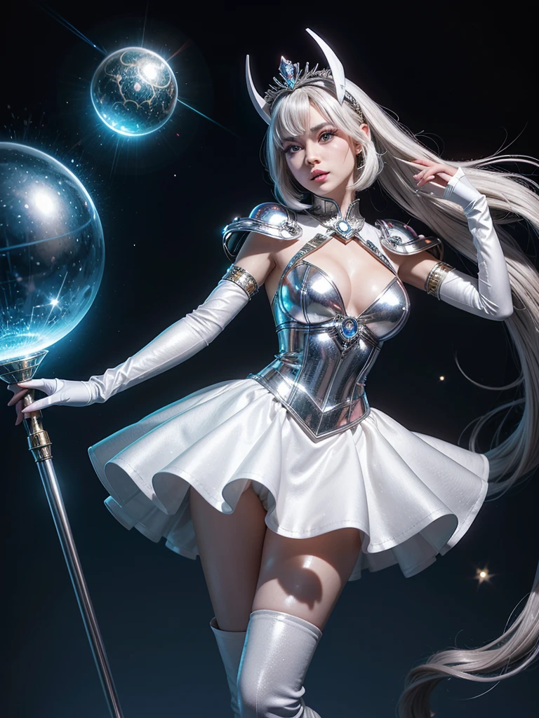 Soraka, in a futuristic retro skin with magical details, combines 60s charm with technological innovation. She has platinum hair with metallic barrettes and wears a pearly white and metallic silver uniform,busts large, with a bodice decorated with glittering circuits and an A-line skirt. Her accessories include silver boots, long gloves, and a floating diadem of magical crystals. She wields a retro-futuristic scepter with an orb of magical energy. Her abilities have visual effects that mix retrofuturistic elements with magic, creating a character that is both nostalgic and innovative.