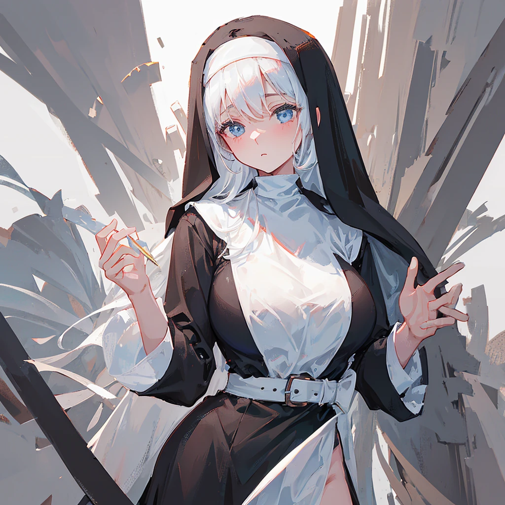 A girl,Dressed in black and white,nun,Dressed elegantly,Big breasts,((Pure white background))