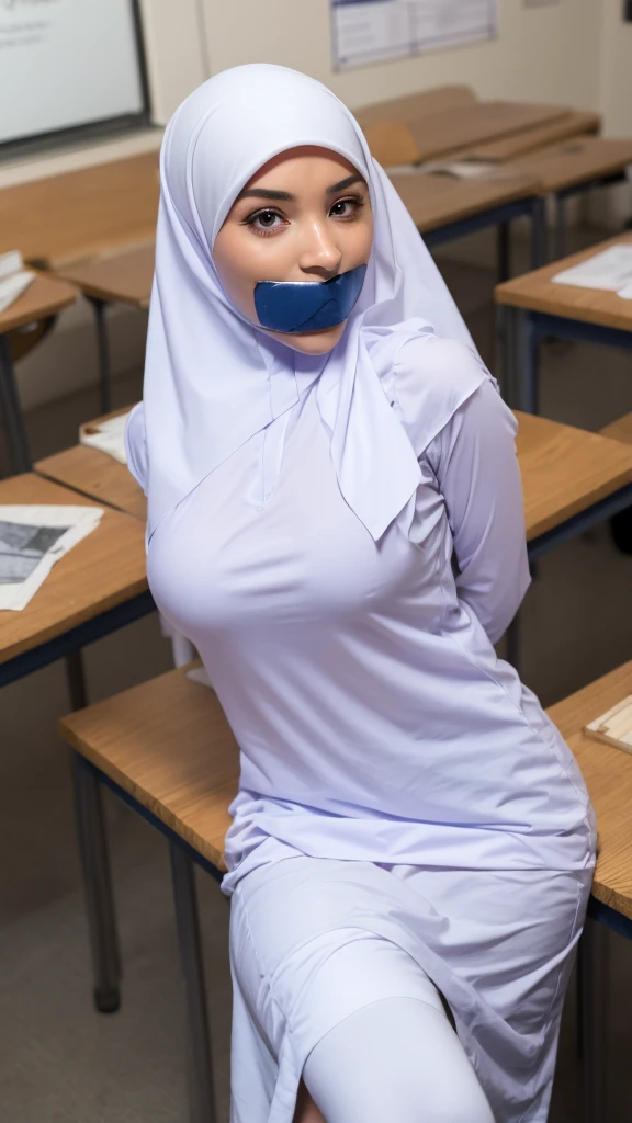 1girl, white dress, wearing hijab, blue skirt, long sleeve,, classroom background, beautiful, pretty,blushing, flawless, (((Tape Gag))), best quality, masterpiece, ultra high res, (photorealistic:1.4), raw photo, large breasts,, (looking at viewer:0.8), various poses, full body,  portrait,