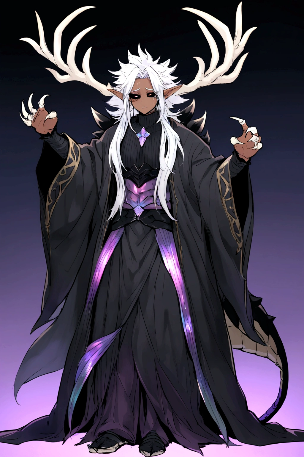 solo, male , character fusion, nidhogg fused with odin and sun wukong, tall tanned man with wild unruly white hair, bangs on face, bangs, ((iridescent irises)), black sclera on eyes, long voluminous hair, spiky hair, pointy ears, fit , clawed fingers, dragon tail, open haori, turtleneck tanktop, dark crystal antlers, exhausted expression, khaenr'ah abyss, draconic person, calamity incarnate, full body