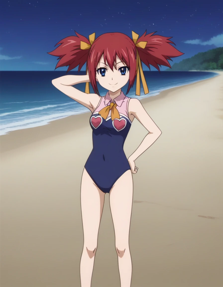 chelia_blendy, source_anime, rating_safe, intricate details, anime screencap, anime coloring, 1girl, solo,  red hair, blue eyes, ribbon, hair ribbon, twintails, short twintails, looking at viewer, solo, contrapposto, spread armpit, arm behind head, hand on hip, smile, looking at viewer, full body, closed mouth, night sky, beach, high quality,
