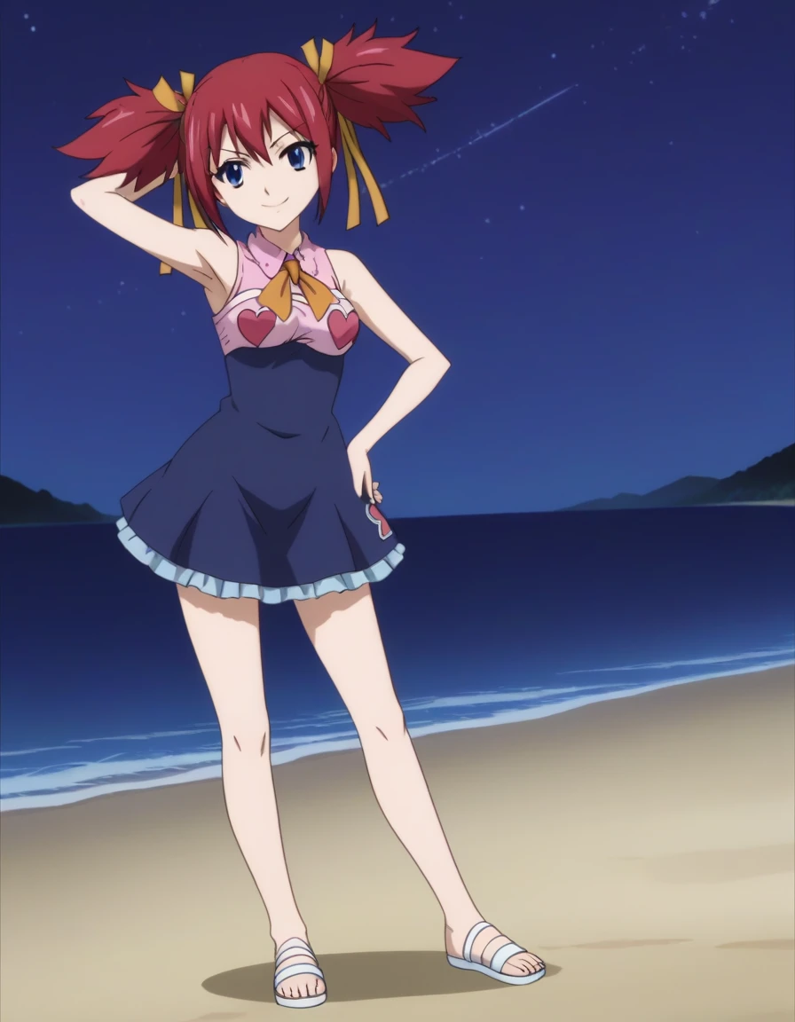 chelia_blendy, source_anime, rating_safe, intricate details, anime screencap, anime coloring, 1girl, solo, red hair, blue eyes, ribbon, hair ribbon, twintails, short twintails, looking at viewer, solo, contrapposto, spread armpit, arm behind head, hand on hip, smile, looking at viewer, full body, closed mouth, night sky, beach, high quality,