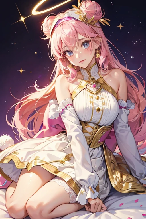 Sugar has brown skin and periwinkle eyes. Her freckles are light and she wears pink lipstick and blush. She has pastel split-colored hair, the left side pink, the right blue, worn in buns held by a gold accessory that has a bow on it. Her eyes are darker and covered in glitter, while her hair gains a metallic shine. Her gold accessories are glittery, and her halo and headband are white. She wears slightly lighter makeup. Her dress is glittery white with a pleat skirt lined by gold glittering ruffles and bows on the skirt, paired with white fishnet stockings, and white peek-toe heels with a glittery gold pom-pom. SPARKLE; GLITTER