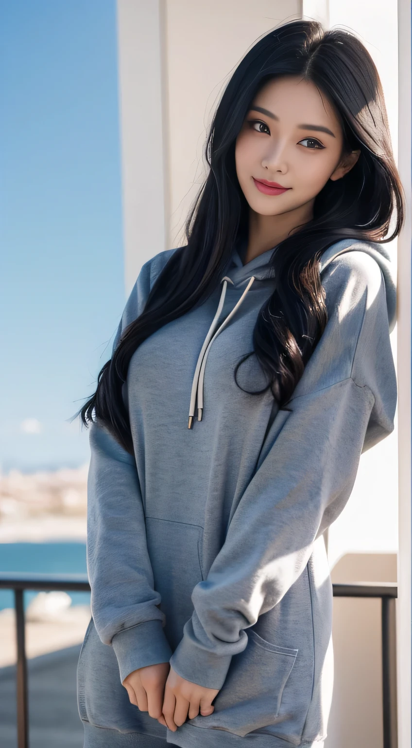 black hair, hair bobbles, wince, longeyelashes, solid circle eyes, light smile, ear blush, fang, ccurate, Surrealism, drop shadow, anaglyph, stereogram, tachi-e, pov, atmospheric perspective, 8k, super detail, best quality, best quality, high details, anatomically correct, UHD, retina, high quality, highres, textured skin, masterpiece, accurate, super detail, award winning,A man wearing a hoodie、Araf (Arav) A woman with long black hair poses for a photo, Ulzan, Larissa Manobar, Sakimichan, Watch Live 666, tzuyu from times, Black Pink'Larissa Manoban, Inspired by Ma Yuanyu, Use your index finger, Lee Ji-eun plays the super villain