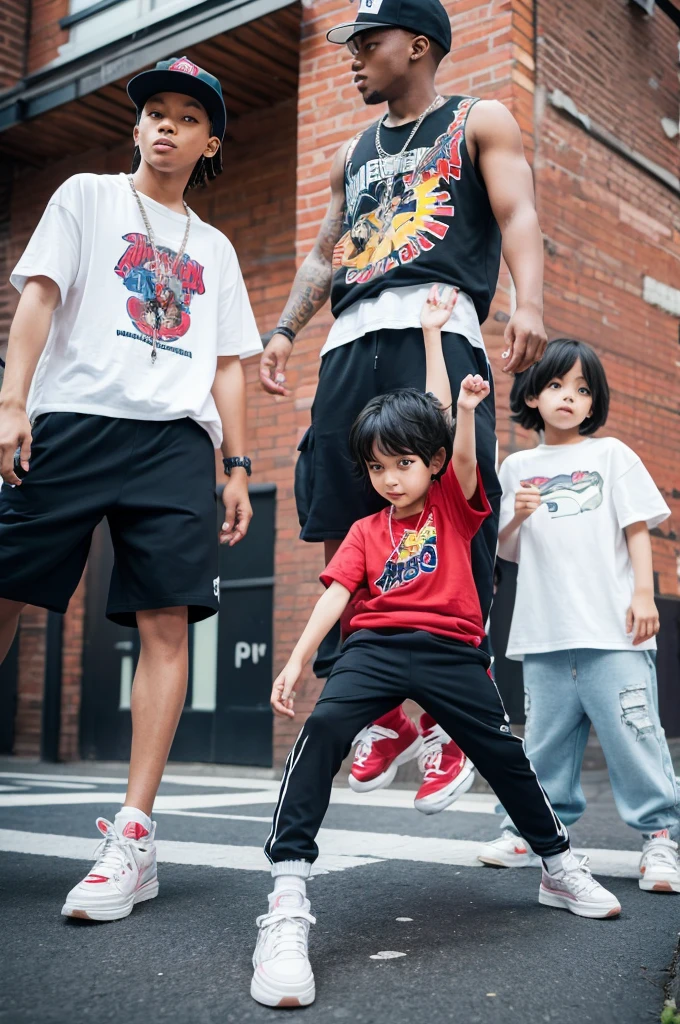 Three-year-old and five-year-old boys. Illustration of hip-hop dancing. Japanese shounen manga style.