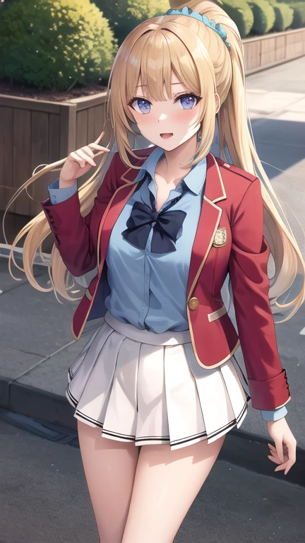 masterpiece, best quality, highres, bbkei, long hair, blonde hair, ponytail, hair scrunchie, collarbone, blue bowtie, collared shirt, blue shirt, red jacket, blazer, open jacket, long sleeves, pleated skirt, white skirt, outdoors, standing, cowboy shot,