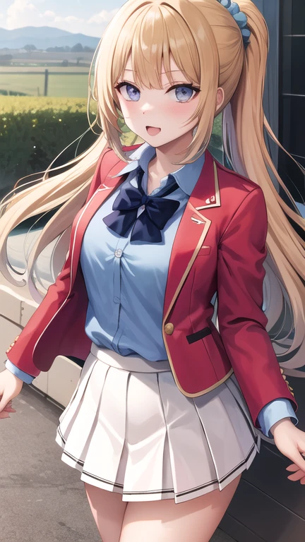 masterpiece, best quality, highres, bbkei, long hair, blonde hair, ponytail, hair scrunchie, collarbone, blue bowtie, collared shirt, blue shirt, red jacket, blazer, open jacket, long sleeves, pleated skirt, white skirt, outdoors, standing, cowboy shot,