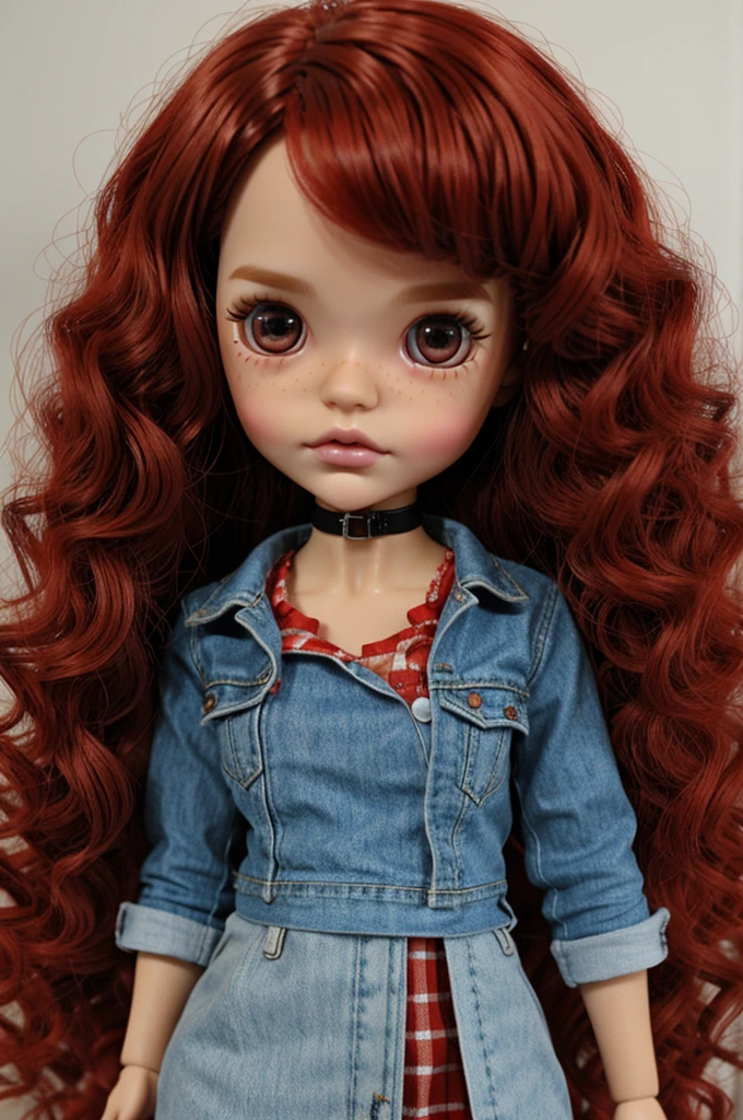 Create a Blythe doll with super curly and big bright colored red hair tan skin and brown in a emo styled outfit