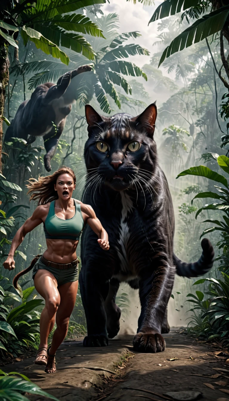 Realistic details, high details, 4k, cinematic shot, A muscular giant cat chasing a woman in jungle