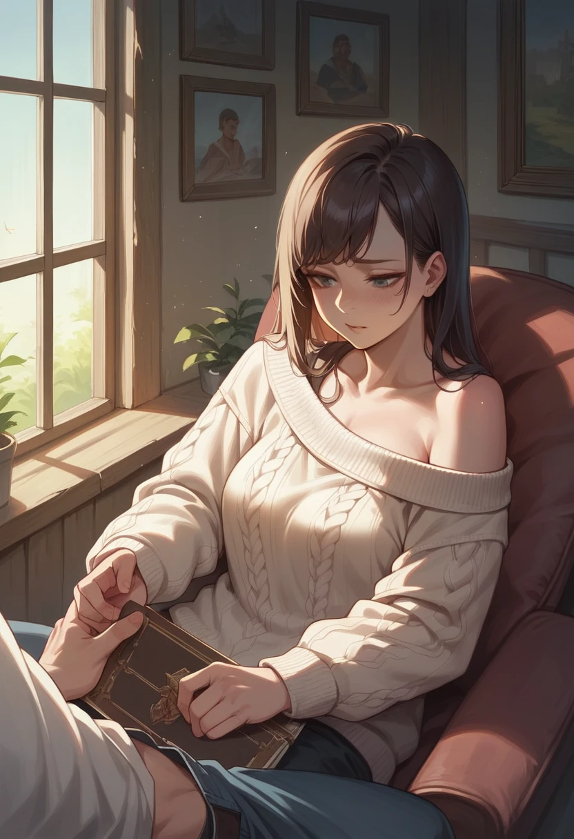 ((best quality)), ((masterpiece)), (detailed), 1girl, off-shoulder sweater,
And fuck a boy