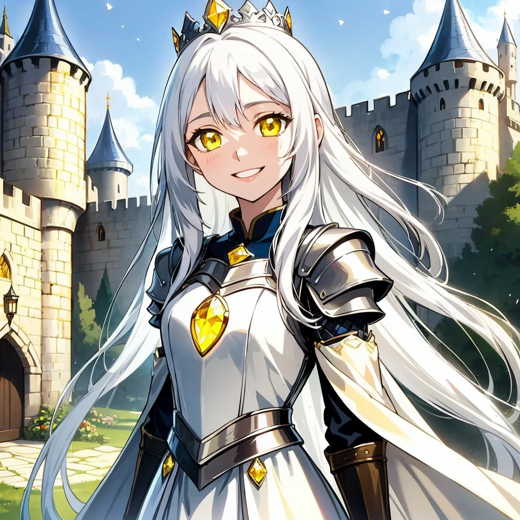 a 19 year old princess, with a long pure white hair, with a beautiful smile with full lips, with a silver plate breastplate with diamond pattern and a bright yellow gem in the middle, with a silver plate shoulders with a bright yellow gems in them, with a white royal cape, with a sheathed one hand sword on the side