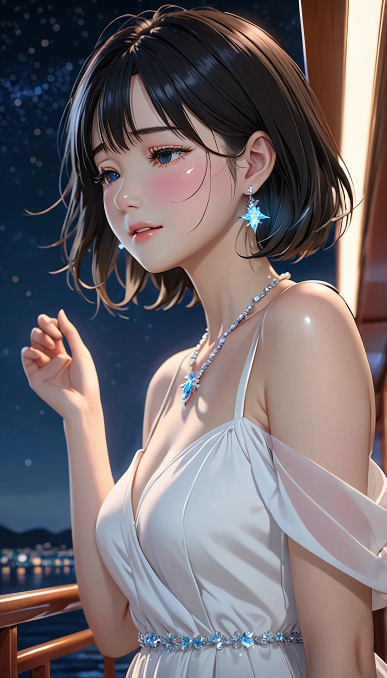 National Science Foundation,masterpiece,High resolution,8K,art,refer to,3D,realism,Kyoto Animation Style,Your Name movie style,To the camera,night,midnight,Soft Light,Glowing Skin,(1 female: 1.3),(alone: 1.4),(((Black Hair))),(Beautiful white dress),(crystal hairpin),(crystal necklace),(crystal earrings),Long eyelashes,Thin legs,Short Bob,close of upper body,close,Close-up,(On a cruise ship),Starry Eyes,(close your eyes),Stretch your arms out to the side and feel the breeze,(blush),(shy),(shy),(((cry))),(((Tears))),(((Depressed)))