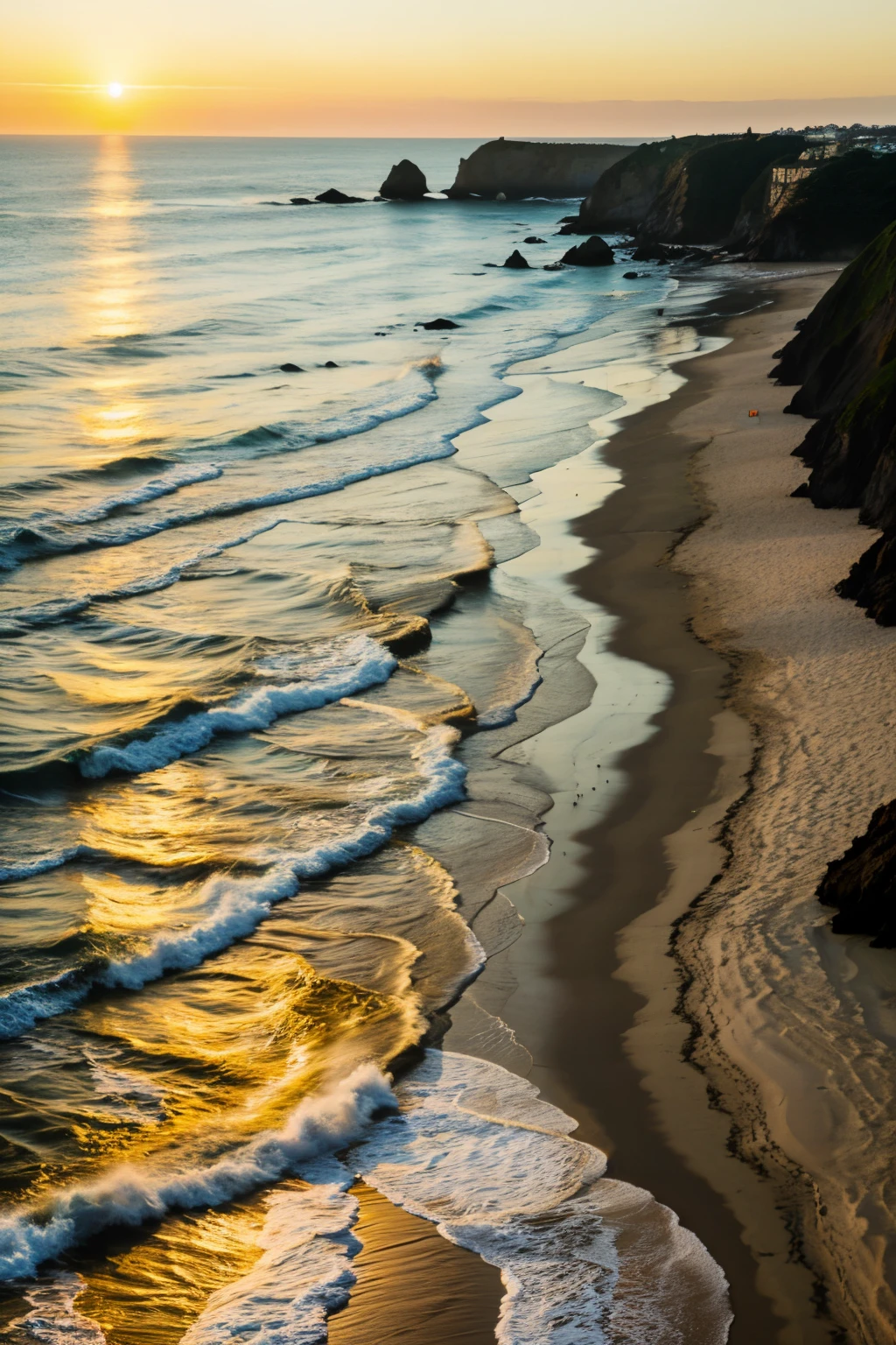a golden plane landing on a coast, with a beautiful sunset
