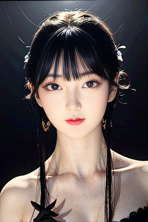 tsuruta ichiro, Narrow-eyed, 1girl in, Allback、deadpan、short-hair、shorth hair、brow、Reluctance、A dark-haired、Tucked Hair Solo, Cowgirl, Onepiece, ((mideum breasts)), Thin slit eyes、Black eyes, Light shines on the eyes、Black hair, gloves, Dress, Luxurious Jewelry, earrings, sharp eye、 elbow groves,Raise your hands and tie your hair back, random color, random color dress, Makeup for long eyes, Slender eyes、lip stick, Complex petal pattern, Rim Light, Back Light, pastel color,Studio Lighting