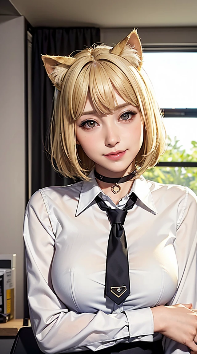 Browsing Caution, masterpiece, (Highest quality:1.2), (Sharp focus:1.2),, 1 Girl, Slim girl,, (blonde|Light_Yellow Hair), Cat ear,, Detailed face, young|Cute face, blush, Wicked Smile,, Natural Breasts, Thin arms,, White collared shirt and black tie, Black Choker,, In a modern office, indoor