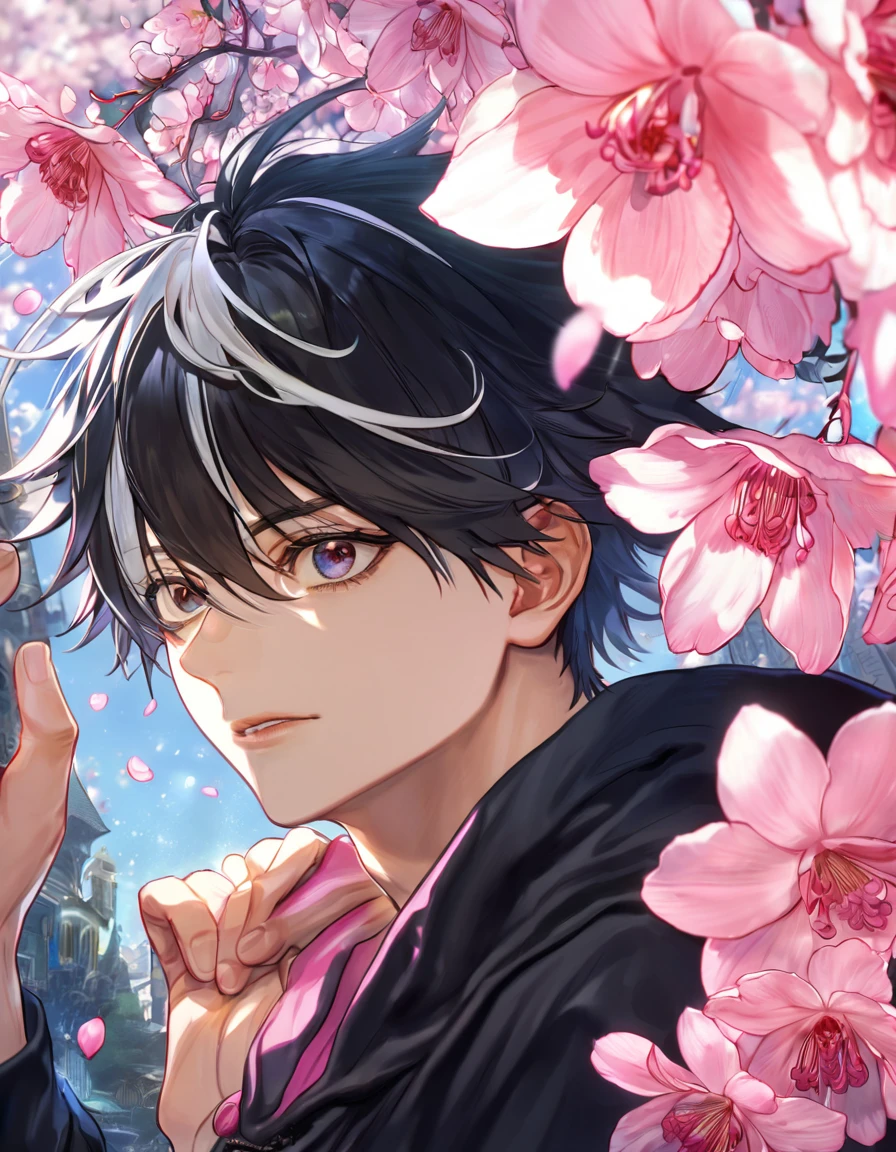 absurdres, highres, ultra detailed, HDR, master piece, best quality, Rihito Jikirurando Todoroki, black hair, white strand of hair on the left side of his head, hair between the eyes, Servamp, solo, sexy man, handsome, black hoodie, fantasy, shining, pink flowers, pink blossoms, magical, pink petals, water