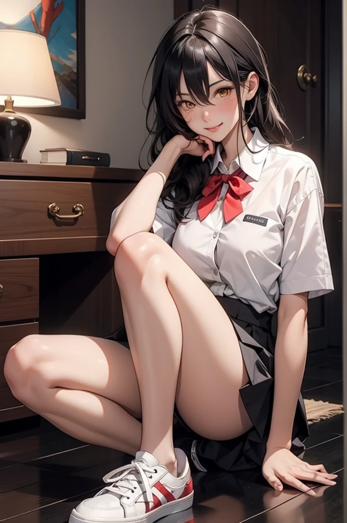 1girl, bare legs, black hair, blush, bow, bowtie, closed mouth, collared shirt, dress shirt, flashing, white shirt, hair between eyes, indoors, knee up, lips, long hair, looking at viewer, miniskirt, pleated skirt, red ribbon, reflection, , shiny skin, shirt, short sleeves, sitting, skirt, large breasts, smile, sneakers, solo, yellow eyes, masterpiece, best quality, highres, official art, extremely detailed cg unity 8k wallpaper