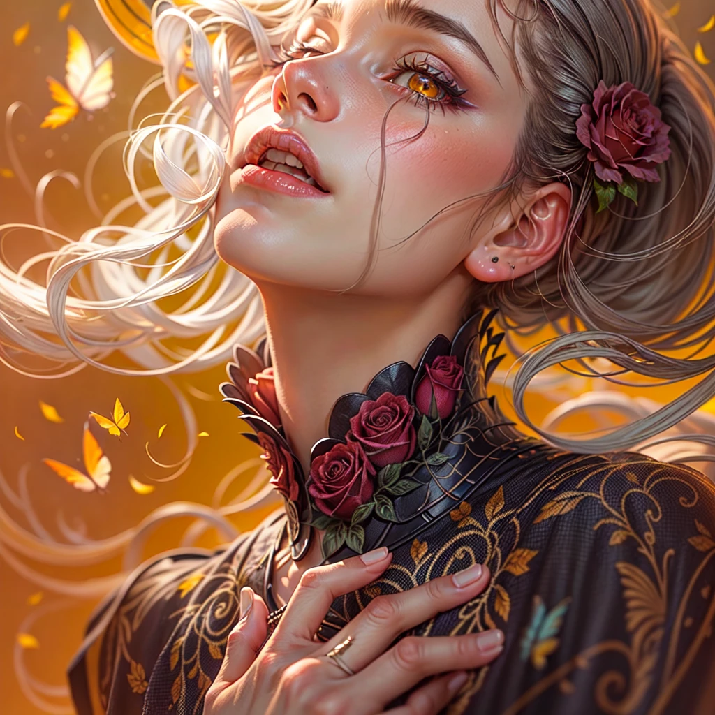 Right, Red rose, beautiful woman, sad expression, faded elegance, moving atmosphere, lost beauty, melancholica aura, hauntingly captivating, eternal punishment, stark contrast, delicate decadence,line art,backlighting,wind,backlighting,star dust,(wind:1.2),gentleman,orange blood, butterflies on fire 