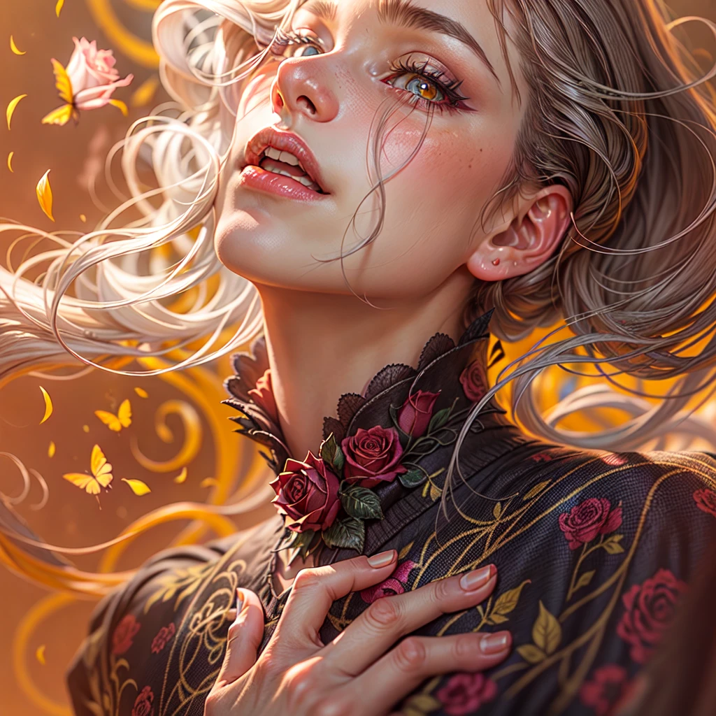 Right, Red rose, beautiful woman, sad expression, faded elegance, moving atmosphere, lost beauty, melancholica aura, hauntingly captivating, eternal punishment, stark contrast, delicate decadence,line art,backlighting,wind,backlighting,star dust,(wind:1.2),gentleman,orange blood, butterflies on fire