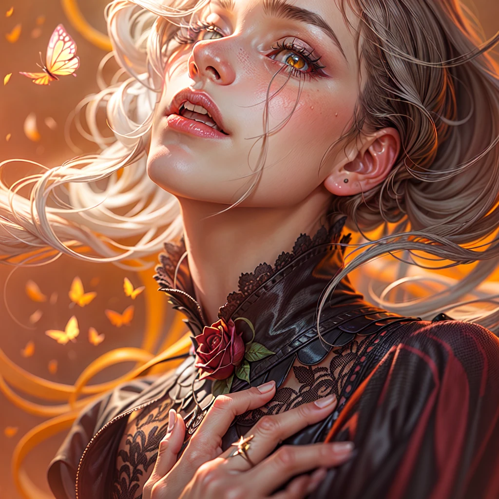 Right, Red rose, beautiful woman, sad expression, faded elegance, moving atmosphere, lost beauty, melancholica aura, hauntingly captivating, eternal punishment, stark contrast, delicate decadence,line art,backlighting,wind,backlighting,star dust,(wind:1.2),gentleman,orange blood, butterflies on fire 
