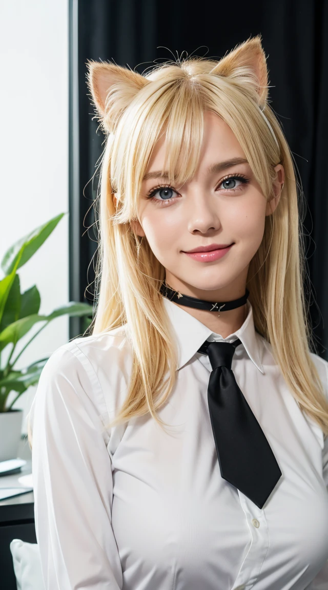 Browsing Caution, masterpiece, (Highest quality:1.2), (Sharp focus:1.2),, 1 Girl, Slim girl,, (blonde|Light_Yellow Hair), Cat ear,, Detailed face, young|Cute face, blush, Wicked Smile,, Natural Breasts, Thin arms,, White collared shirt and black tie, Black Choker,, In a modern office, indoor