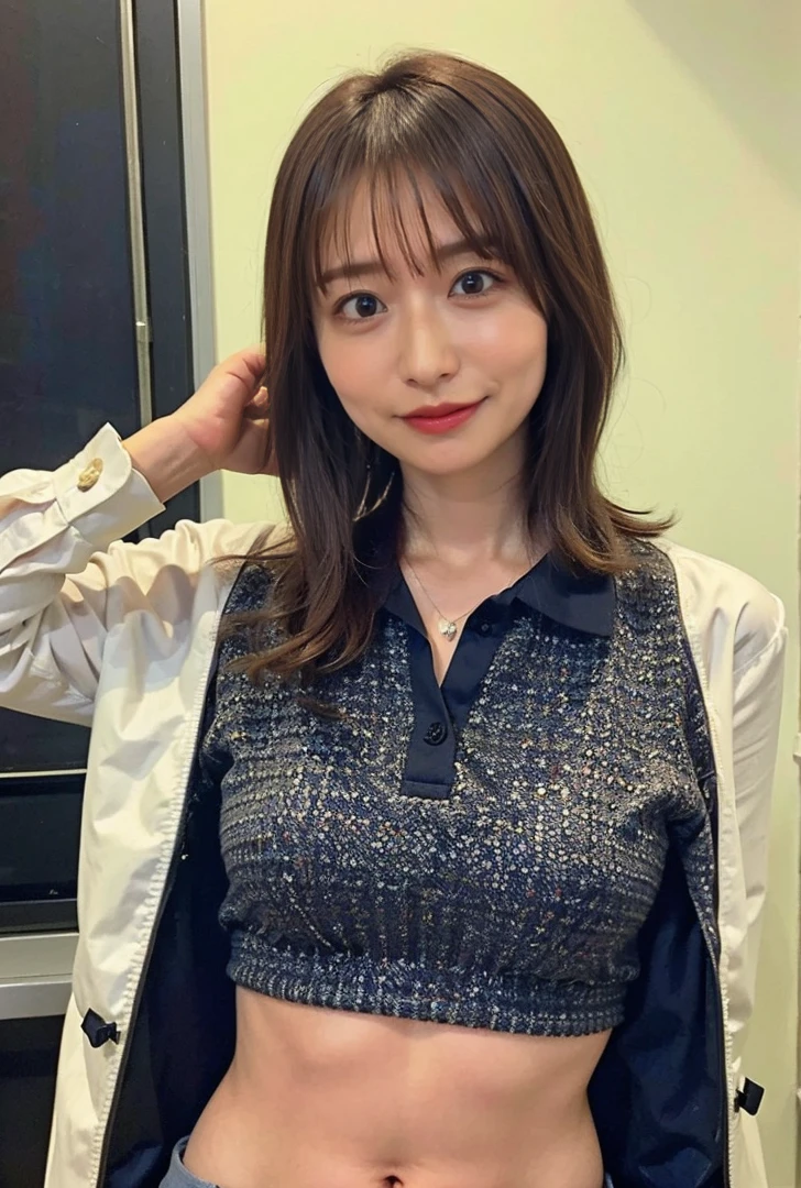 ((Are standing、Medium Short Hair、服の上からでもわかるBig Breasts、Both hands are in front of the navel、A photo showing pants through a short polo shirt、roll up one&#39;s shirt with one&#39;s hands、She is wearing a white polo shirt and luxurious white panties.、:1.4))、In the living room、Cream hair color、Her huge breasts are obvious even through her clothes....、Small earrings、Light brown hair color、:1.4））、Shiny Hair、Light beige hair color、Background Blur、Light brown hair、｛｛Cowgirl Shot｝｝、（（Close-up shot from the waist up、Big Breasts:1.4））、Big Breasts、にっこりsmile、服からでも分かるBig Breasts、Cowboy Shot、素敵なsmile、（（Revealing clothing））、Full body photo、ring、Tuck your hair behind one ear、Silver Necklace、smile、Caustics、Highly detailed photos、Big Breasts、Super no makeup、(8K、RAW Photos、Highest quality、masterpiece:1.2)、(Realistic、Realistic)、1 Girl、((Big Breastsショートヘア、Looking into the camera:1.4))、Hair blowing in the wind
