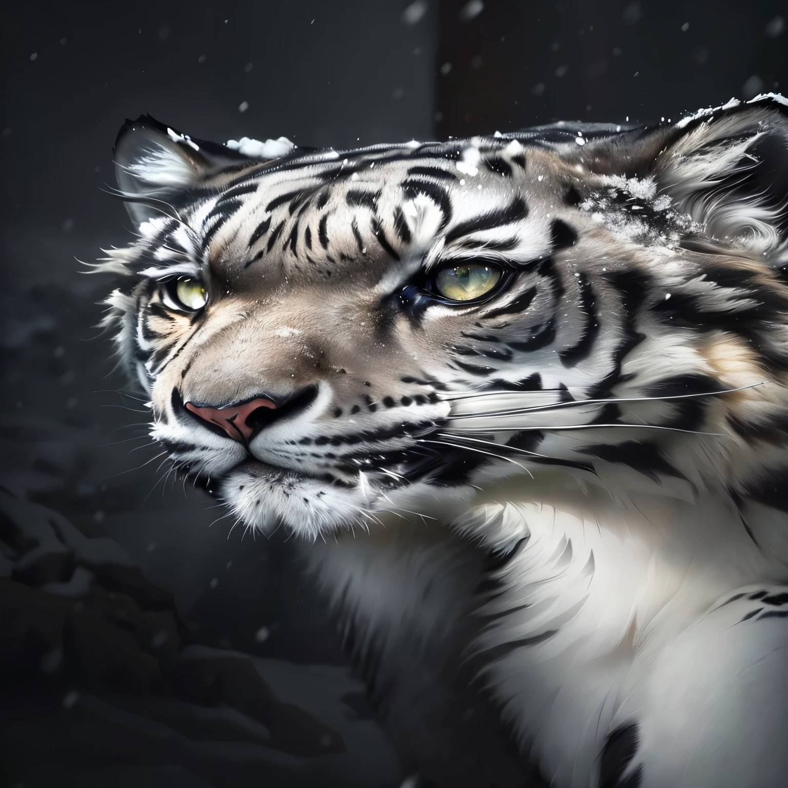 Tiger in the snow looking at the camera,The background is black, Intense expression 4k, snow leopard, big cat eyes, Tough predatory gaze, Spots are super realistic, Digital Art Animal Photos, closeup 4k, highly realistic photograph, Threatening gaze, animal portrait, Close-up portrait, Serious look, Eyes full of eagerness, Nice face