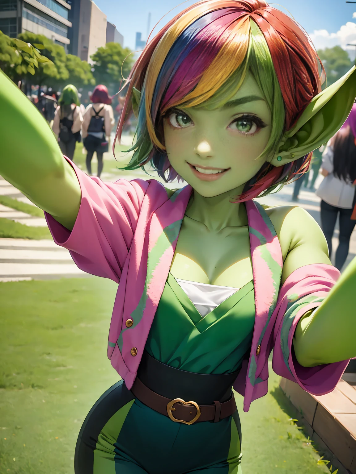 1 girl, short hair, green goblin girl, green skin, small pointy ears, (rainbow hair), fashionable urban clothes, smiling, outdoors in tokyo, taking a selfie, influencer,