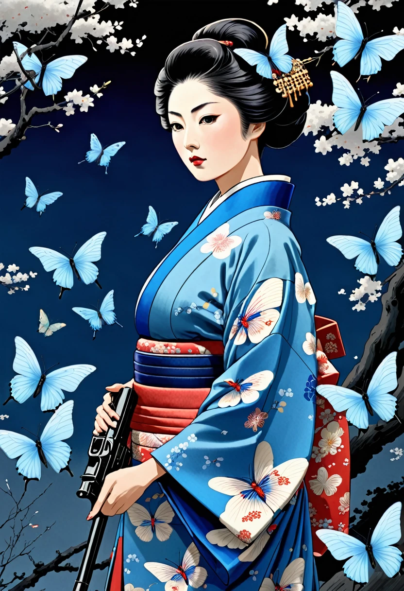 Black background. Distant view. A woman in a Meiji-era kimono stands staring in front of her with a gun at the ready. Around her, a flock of blue butterflies flit about like a storm.