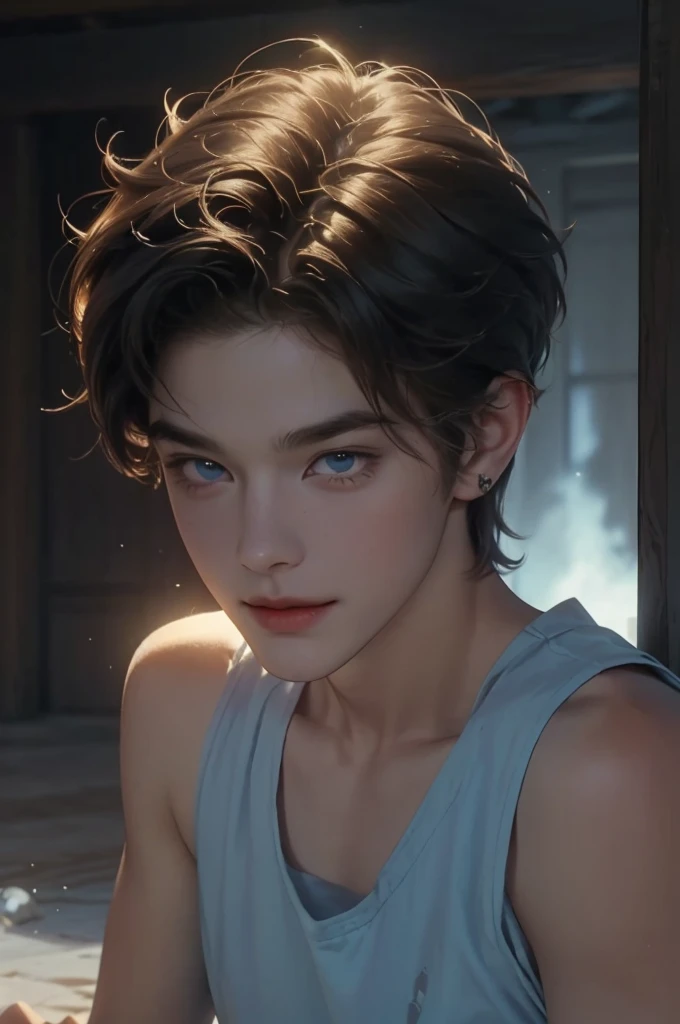 ((Best quality)), ((masterpiece)), (detailed), ((perfect face)), ((halfbody)) handsome face, male, teen boy, perfect proportions, character masculine, style manhwa, ((brown light)) messy up spiked short hair, ((blue)) eyes, male version, ((black)) clothes, ((white)) shorts, body in good shape, strong, musculous body, smiling, seductive look, school detailed background, school detailed scenery background