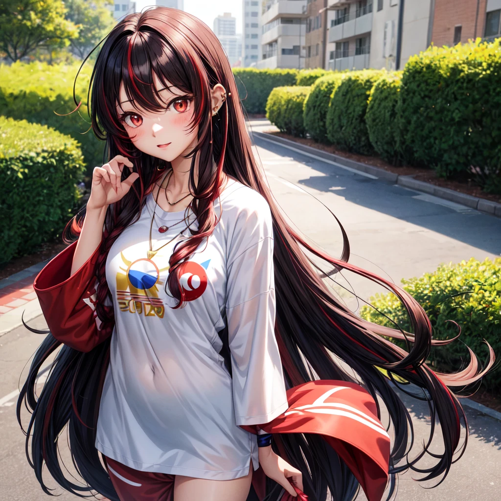 anime panel,upper body, 1girl,solo Korean, black curly hair with red highlights(long hair), red slanted eyes, pajama clothes, ear piercing, necklace, hair illuminated by sunlight, park background , blushing