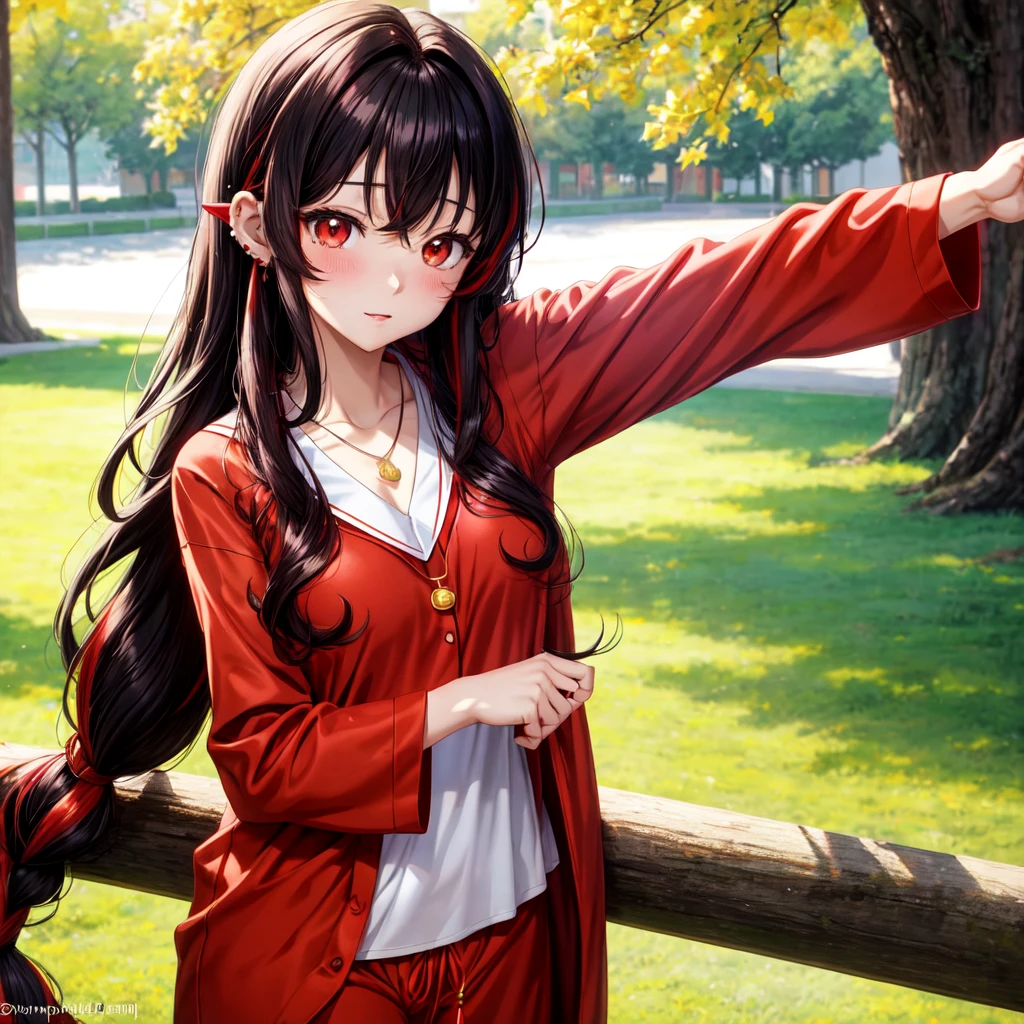 anime panel,upper body, 1girl,solo Korean, black curly hair with red highlights(long hair), red slanted eyes, pajama clothes, ear piercing, necklace, hair illuminated by sunlight, park background , blushing