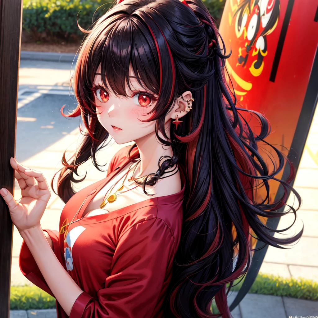 anime panel,upper body, 1girl,solo Korean, black curly hair with red highlights(long hair), red slanted eyes, pajama clothes, ear piercing, necklace, hair illuminated by sunlight, park background , blushing 