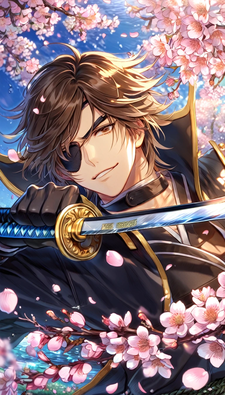 Ultra detailed, highres, absurdres, HDR, master piece, Date Masamune, medium brown hair, expressive brown eye, black eye patch on his right eye, Sengoku Basara, fantasy, pink petals, water, pink flowers, handsome, sexy man, solo, best quality, blossoms, blue shining fireflies, blue and black clothes, smirking, black gloves, grabbing a sword