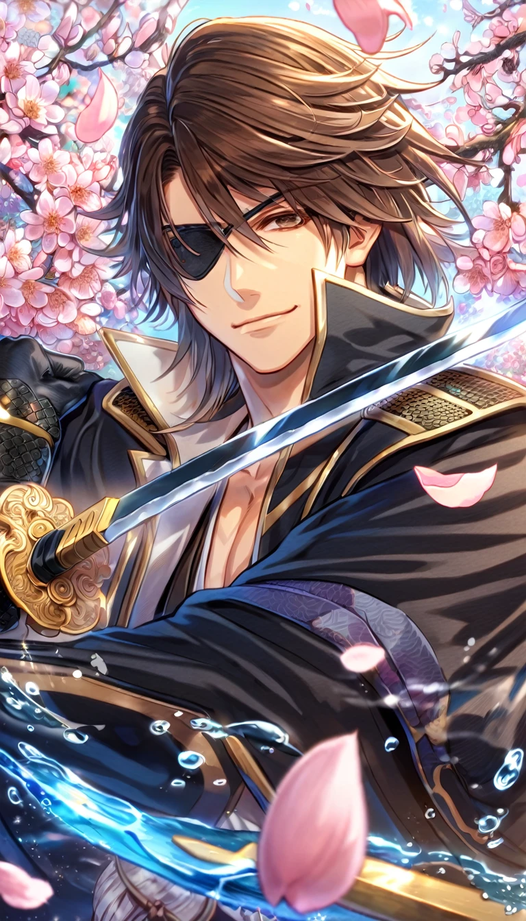 Ultra detailed, highres, absurdres, HDR, master piece, Date Masamune, medium brown hair, expressive brown eye, black eye patch on his right eye, Sengoku Basara, fantasy, pink petals, water, pink flowers, handsome, sexy man, solo, best quality, blossoms, blue shining fireflies, blue and black clothes, smirking, black gloves, grabbing a sword