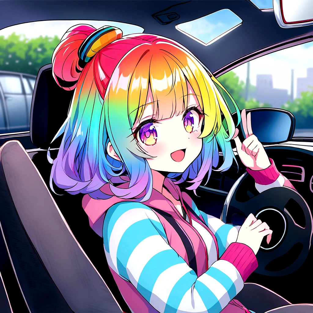Based on this girl、Situations where you are driving a car、The top and bangs of her hair are pink.、The whole thing is rainbow colored、Sit in the driver's seat of the car