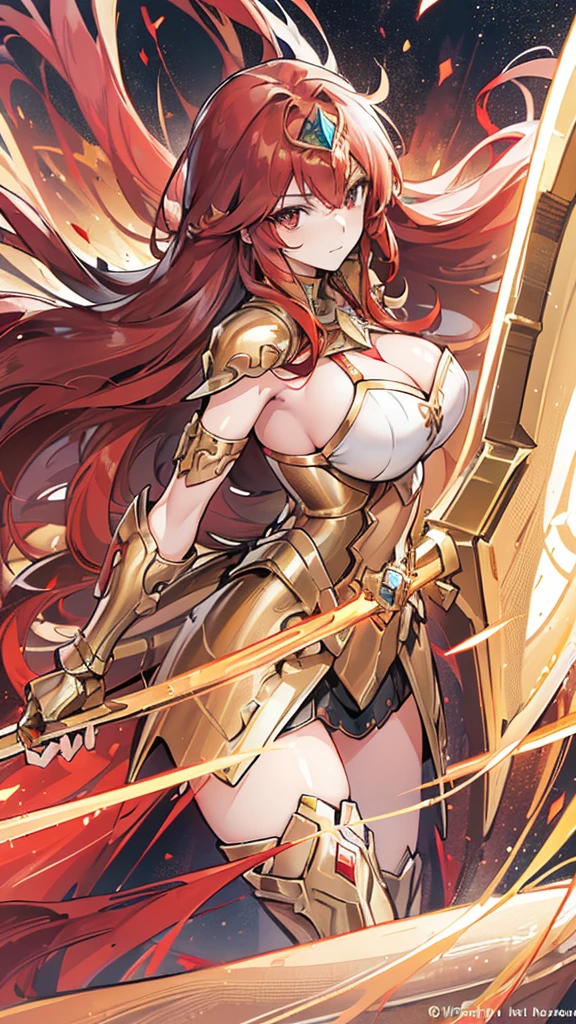 woman, long hair,, Golden Armor, Sagittarius Armor, very long hair, (long hair), long hair, (((Red hair))), (((Red hair))), Detailed images, Super definition, 16K, looking at camera, wing, Golden armor, helmet, Sagittarius Armor,Huge breasts,cleavage,silver eyes,Expose,Shooting an arrow