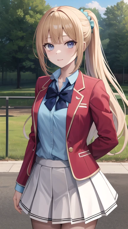 masterpiece, best quality, highres, bbkei, long hair, blonde hair, ponytail, hair scrunchie, collarbone, blue bowtie, collared shirt, blue shirt, red jacket, blazer, open jacket, long sleeves, pleated skirt, white skirt, outdoors, standing, cowboy shot,