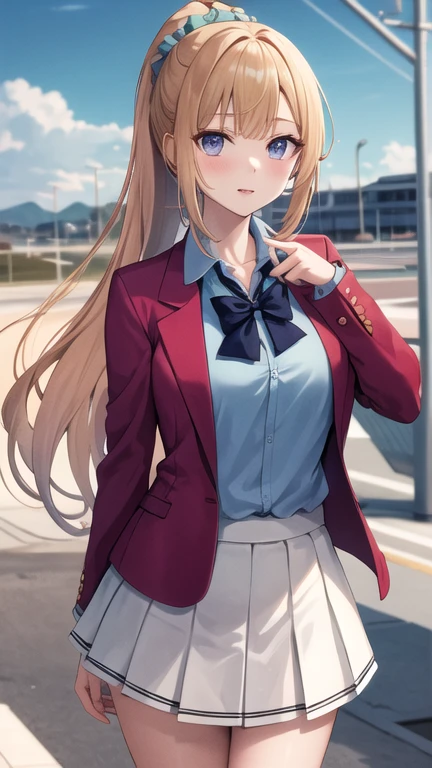 masterpiece, best quality, highres, bbkei, long hair, blonde hair, ponytail, hair scrunchie, collarbone, blue bowtie, collared shirt, blue shirt, red jacket, blazer, open jacket, long sleeves, pleated skirt, white skirt, outdoors, standing, cowboy shot,