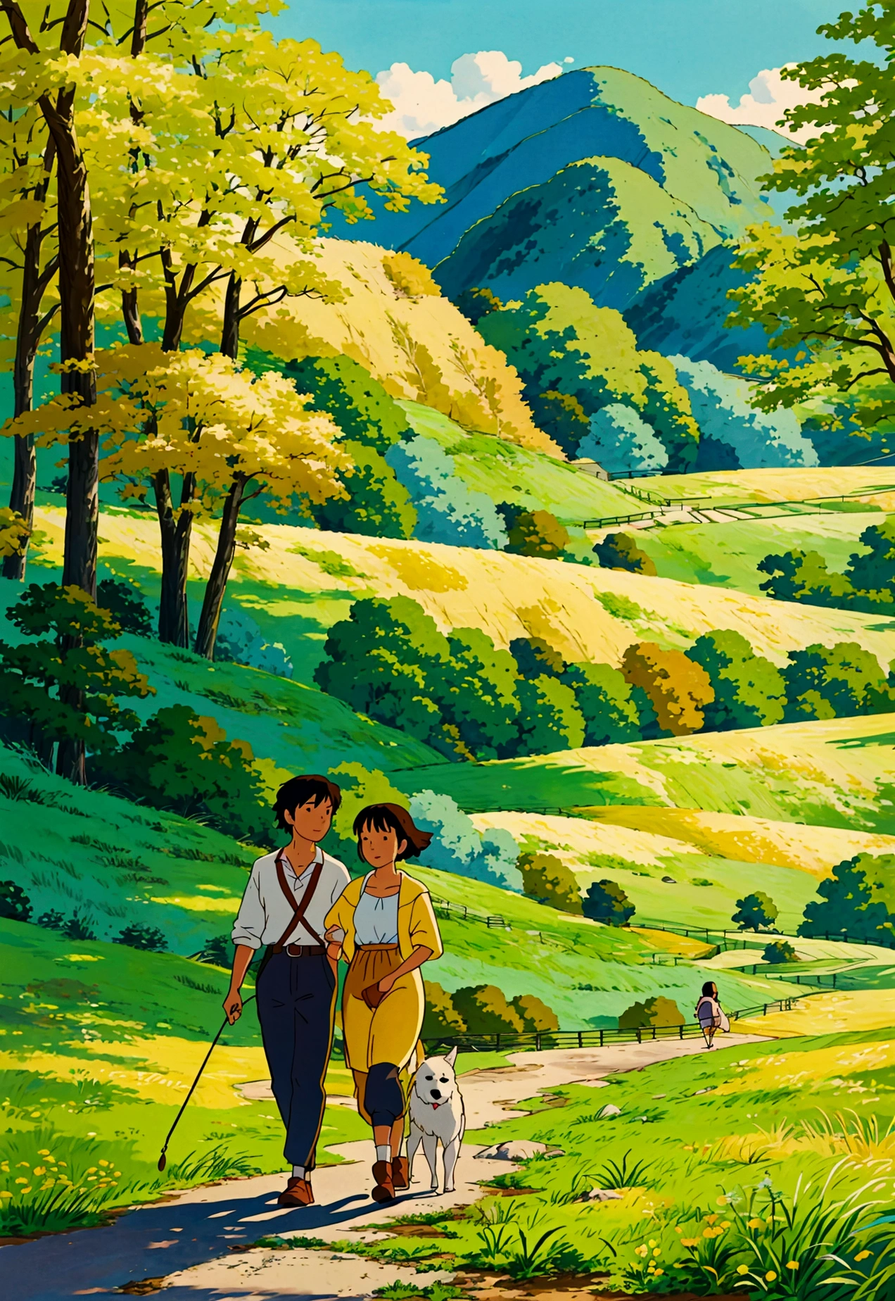 Create a serene scene of a couple walking along with their dog in a picturesque rural landscape on a bright summer day. The artwork should be done in a detailed fantasy digital painting style, capturing the warmth and tranquility of the countryside. Use vibrant, warm colors like lush greens, sunny yellows, and soft blues to evoke a sense of peace and contentment. The couple should be depicted in casual, relaxed attire, enjoying their walk, while their dog happily trots alongside them.